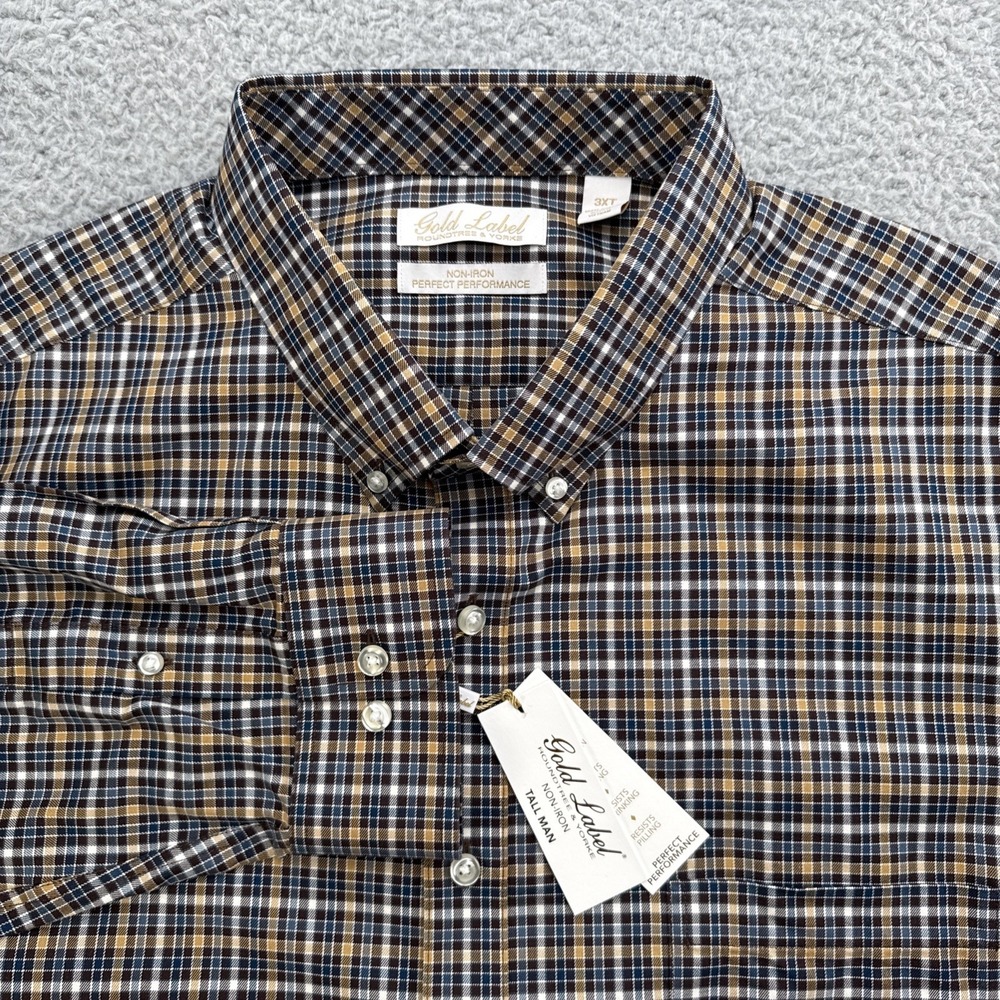 Roundtree Yorke Gold Label Dress Shirt Mens 3XLT XXXL Tall Plaid Non Iron Casual